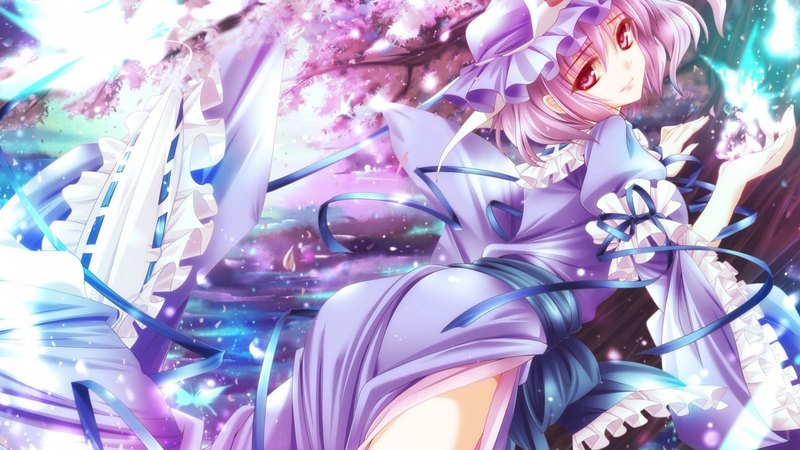 dress, magic, coo, cherry blossom, sweet, butterfly, touhou, hot, anime girl, female, ribbon, smile, sexy, short hair, cute, tree, saigyouji yuyuko, headdress, flower, petals, pink hair