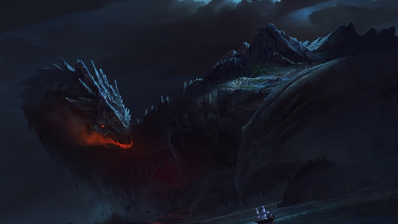 red, art, wings, luminos, dragon, sea, fantasy, water, ship, dark, blue, night