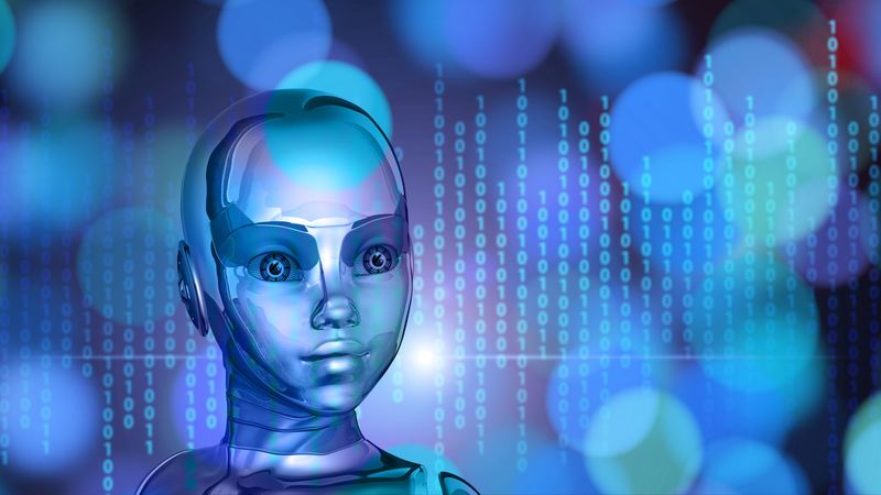 robot, cyborg, binary code, face, metal, 4k