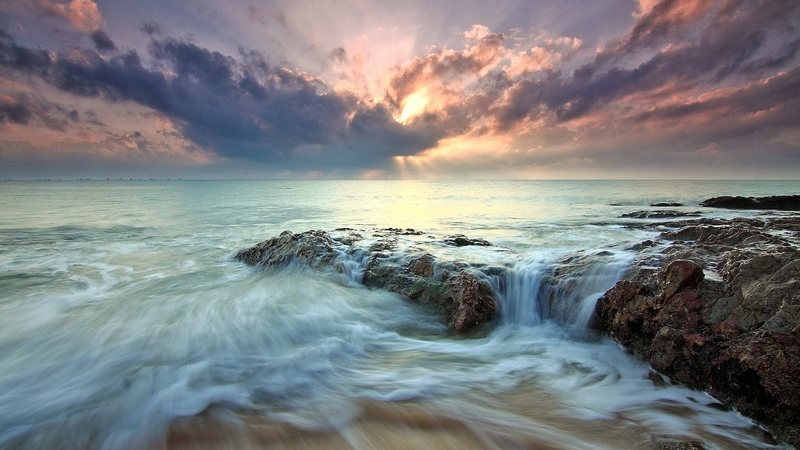 beach, rocks, clouds, sea