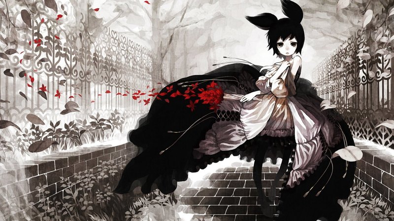 fence, pretty, dress, black and white, game, beautiful, magic, sweet, nice, fantasy, anime, beauty, anime girl, black hair, red petals, female, wings, animal ears, angel, winter, short hair, cute, tree, femal, cool, snow, awesome, black eyes, landscape