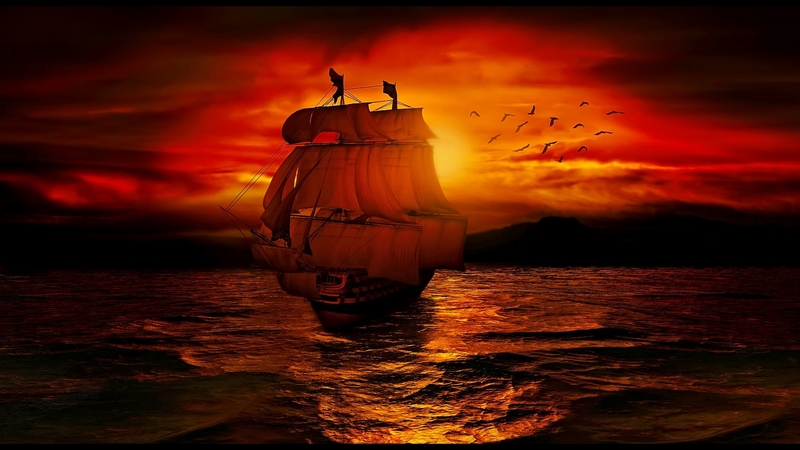red, amazing, fiery, ocean, sunset, magic, waves, sea, waters, frigate, ship