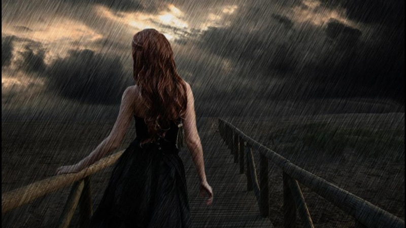 girl, bridge, ocean, waves, rain, sky, clouds