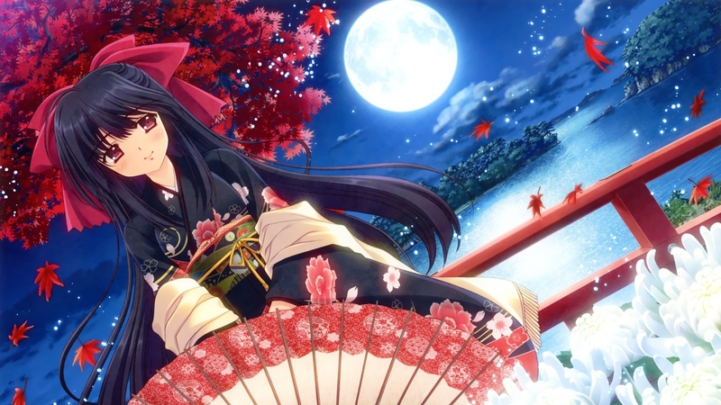 anime, moon, kimono, fan, girl, hand