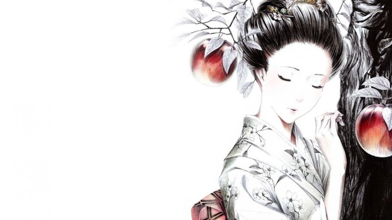 apple, japanese, woman, geisha