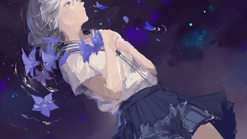 beautiful, woman, anime, flowers, beauty, dream, blue, night, female, lovely, skirt, blonde hair, short hair, cute, girl, purple, uniform, lady, white