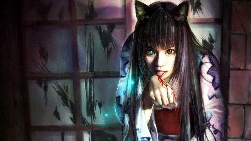 art, cat, blood, i  chen lin, fantasy, girl, green, fox, ahri, pink