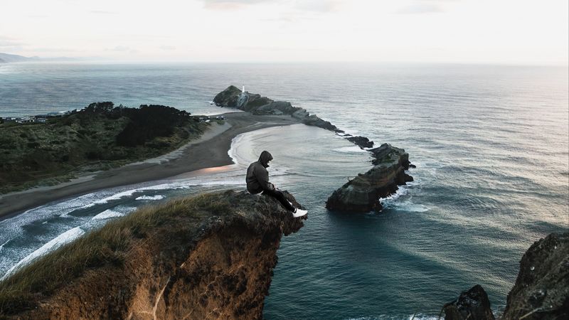 cliff, sea, alone, solitude, new zealand, 4k