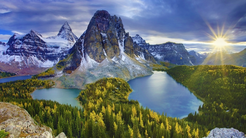 sun, snow, mountains, nature, lake, meadows