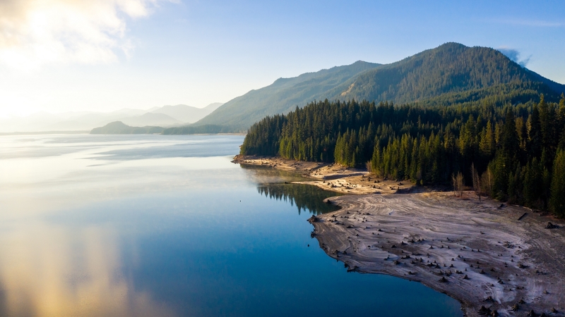 lake, reflection, forest, mountains