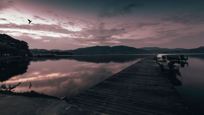 pier, boat, sunset, sea, sky, 4k