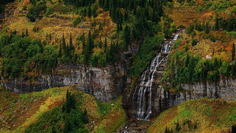 mountain, trees, waterfall, glacier national park, landscape
