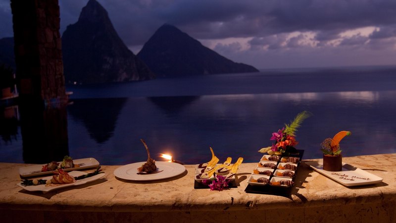 dinner, chocolate, sushi, beautiful, sunset, twilight, eat, st lucia, sea, mountain, evening, luxury, night, exotic, islands, view, food, ocean, vista, caribbean, paradise, island, tropical