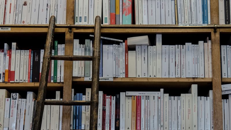 books, shelf, stairs, library, 4k