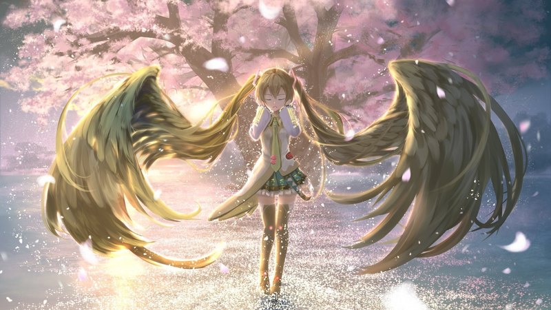 vocaloid, tree, wings, hatsune miku, anime, long hair, light