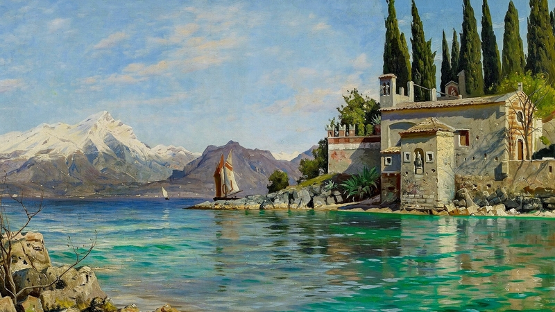 art, italy, painting, summer, beautiful, villa, lake