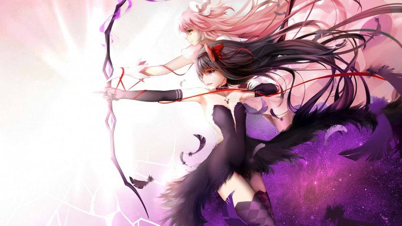 kaname madoka, bow, homura akemi, akemi, arrow, akemi homura, madoka kaname, magical girl, anime, anime girl, long hair, archer, madoka magica, pair, black hair, mahou shoujo madoka magica, female, sexy, homura, girl, pink hair, mahou shoujo