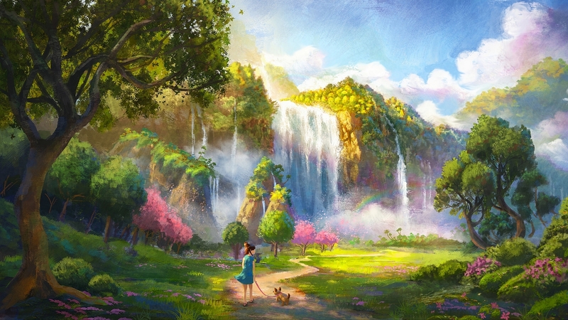 girl, luminos, shusei sasaya, waterfall, summer, pink, vara, fantasy, green, blue