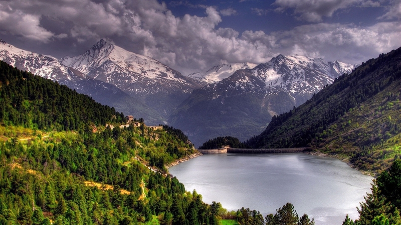 mountain, green, dark, nature, trees, clouds, lake, landscape