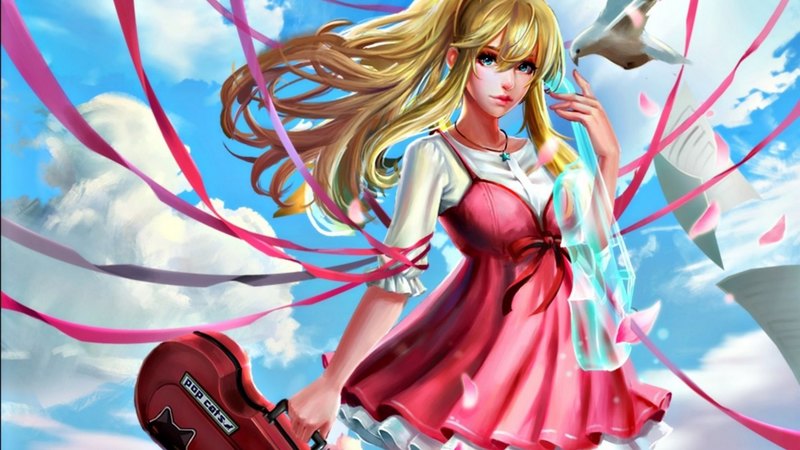 miyazono kaori, manga, blonde, seagull, girl, bird, anime, summer, pixiv, pink, blue