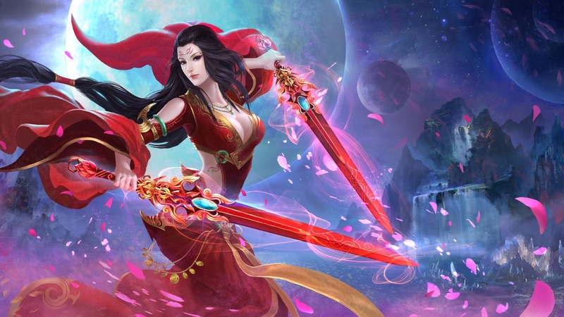 red, frumusete, luna, luminos, game, fantasy, moon, girl, sword, blue
