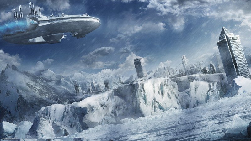 ship, snow, mountains, buildings, clouds