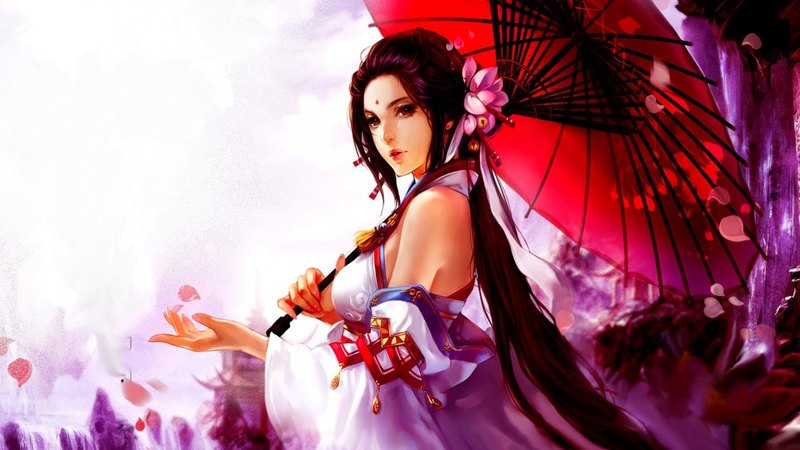 girl, game, umbrella, beauty, petals