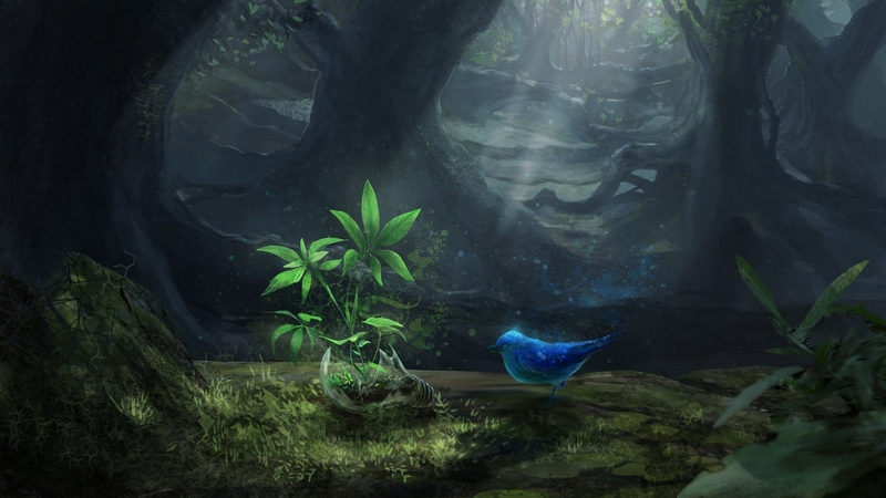 forest, art, fantasy, bird, luminos, green, pasare, blue