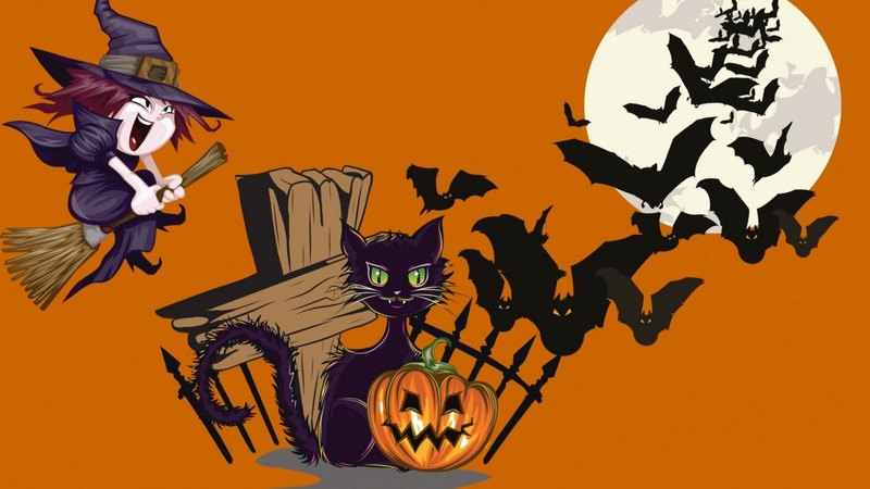 moon, pumpkin, bats, cat, whtch