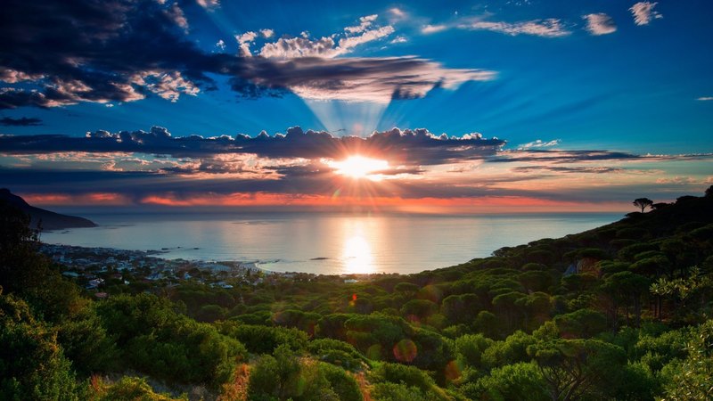 city, sunset, trees, clouds, bay