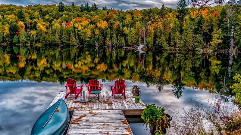 forest, fall, autumn, view, pier, colors, beautiful, lake, mountain, tranquil, ontario, serenity, chair, mirror, reflection, reflections, boat