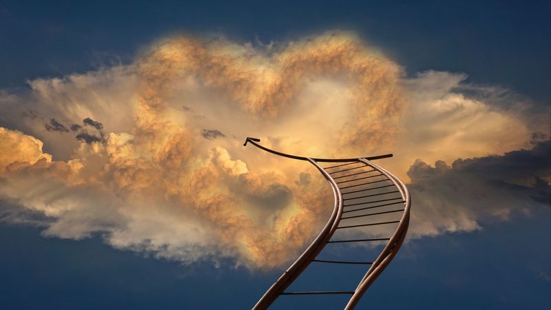 staircase, sky, arrow, clouds, direction, 4k