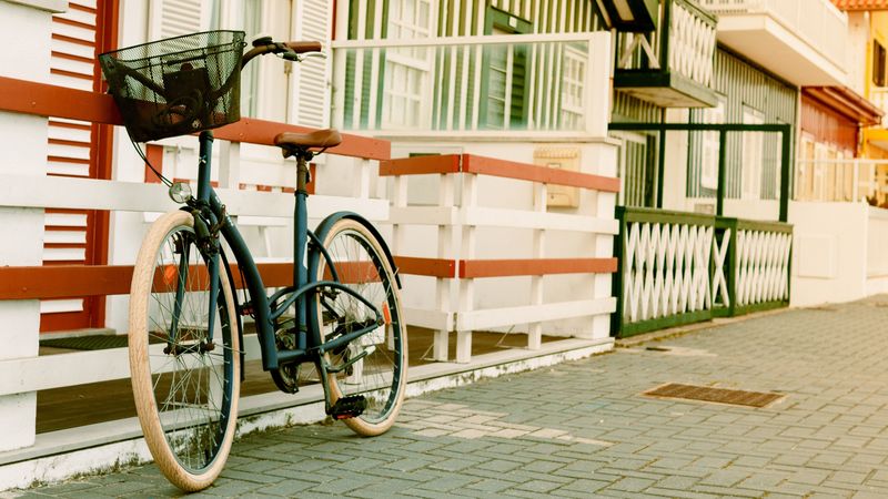 bicycle, basket, street, house, 4k