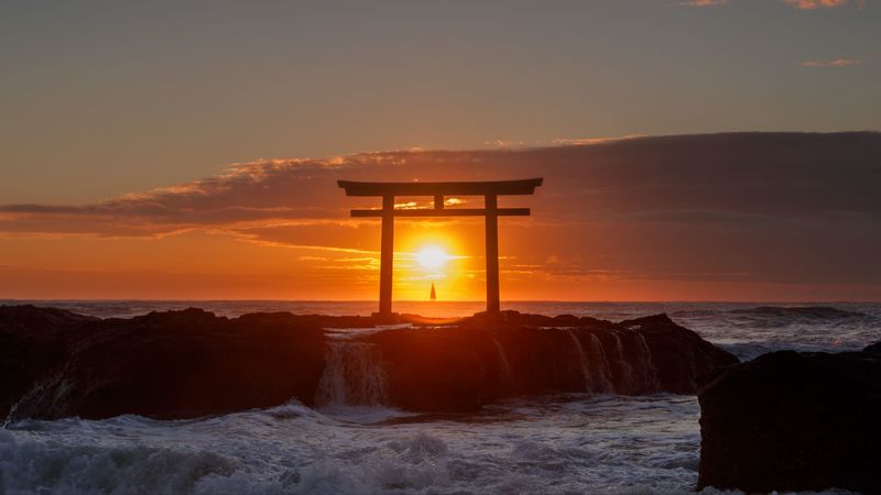 sea, arch, sunset, torii, japan, 4k