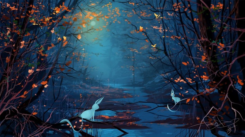 forest, moon, night, animals