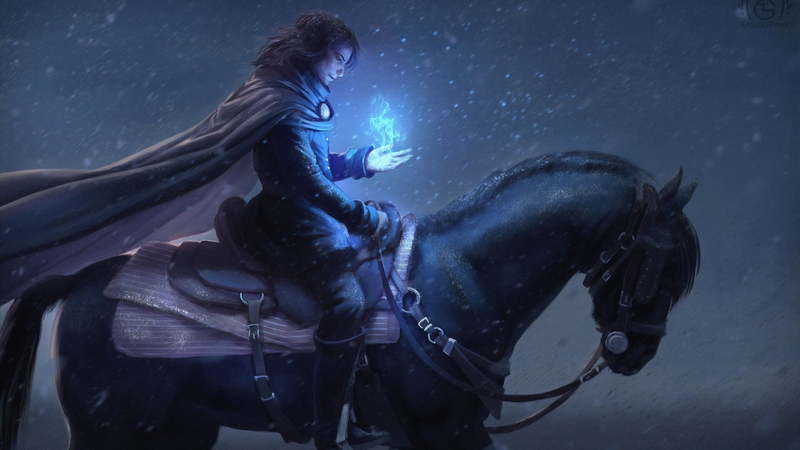 king, fantasy, luminos, black, man, horse, blue, night