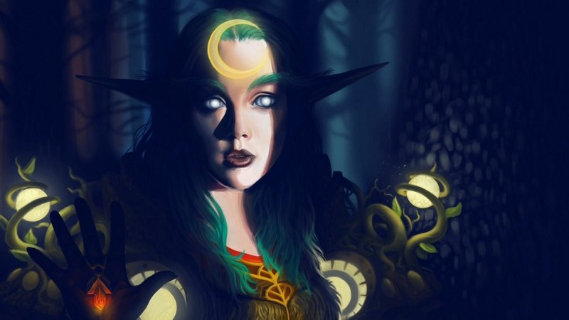art, elf, world of warcraft, game, black, yellow, fantasy, girl, green, dark, wow, night, druid