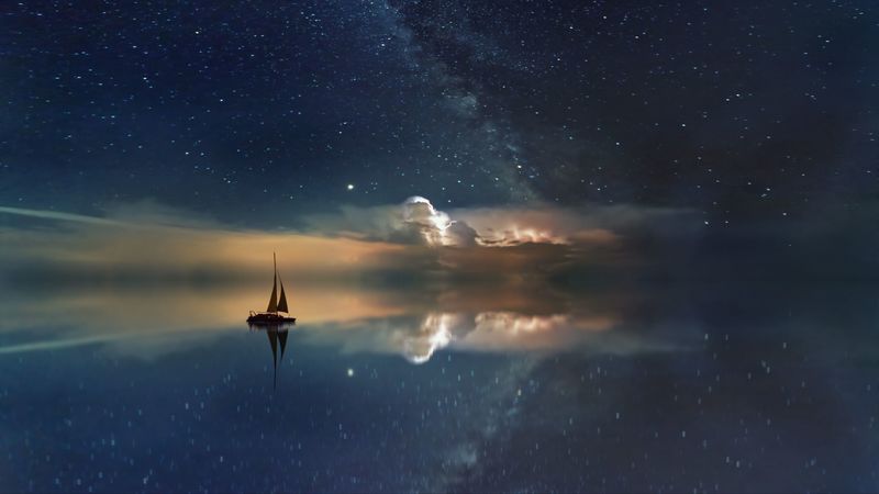starry sky, boat, reflection, sail, night, 4k
