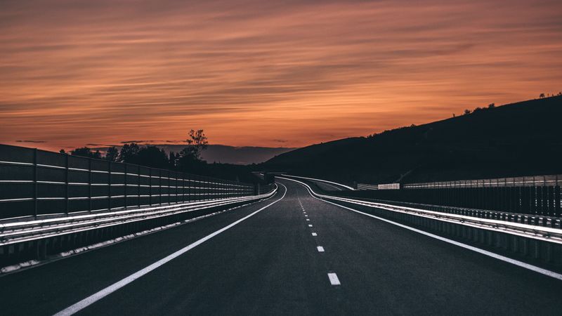 road, marking, asphalt, sunset, horizon, 4k