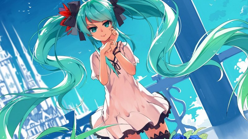 vocaloid, dress, bows, thighhighs, ponytails, blue hair, anime, flowers, blue eyes, long hair