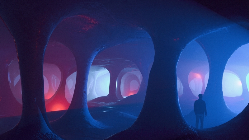 pink, blue, fantasy, luminos, beeple, man, silhouette