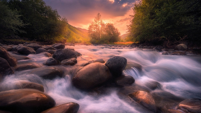 colors, stones, river, sky, clouds