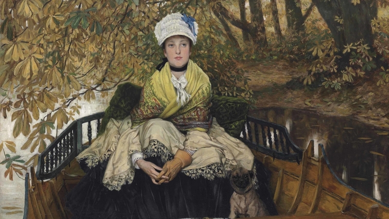 woman, jacques joseph tissot, art, autumn, boat, painting, pictura