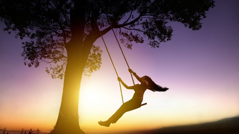 black, yellow, silhouette, tree, girl, purple, swing, summer, sunrise