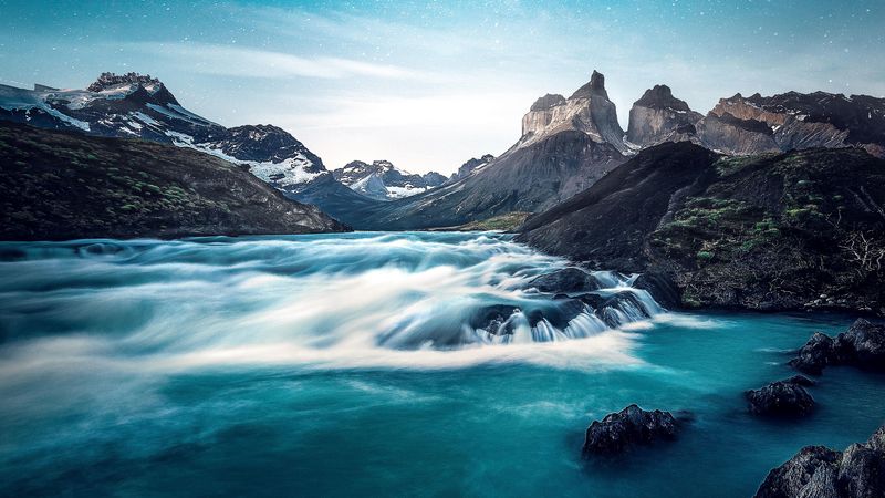 waterfall, lake, rocks, torres del paine, national park, chile, 4k