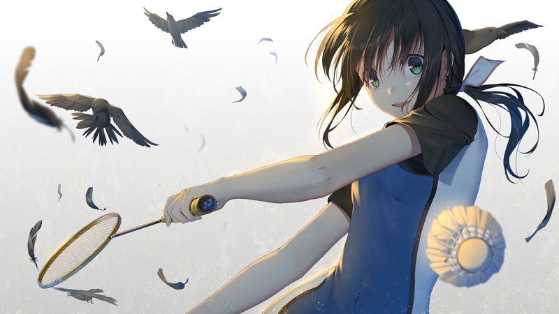 badmington, pasare, manga, sport, vara, girl, bird, anime, summer, white, blue, ji dao ji