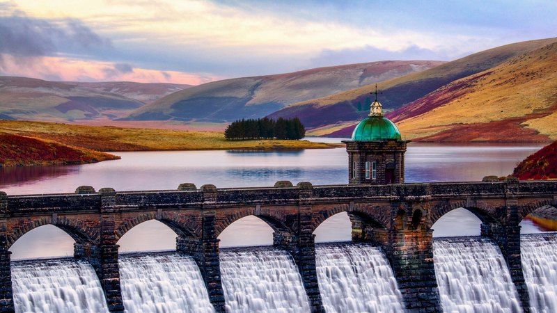 hills, dam, lake, waterfalls