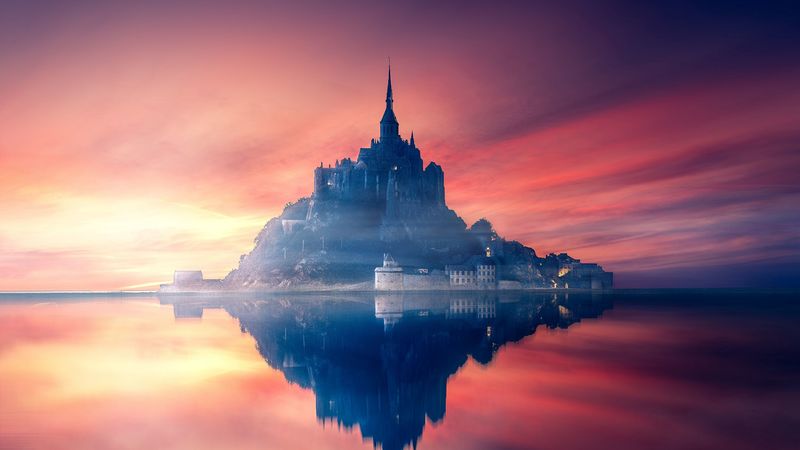 mont-saint-michel, france, island, castle, sunset, 4k