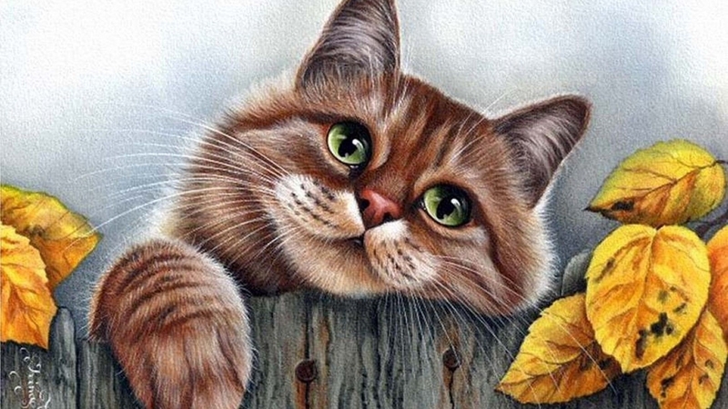 autumn, yellow, paw, pisici, leaf, fence, irina garmashova, art, painting, pictura