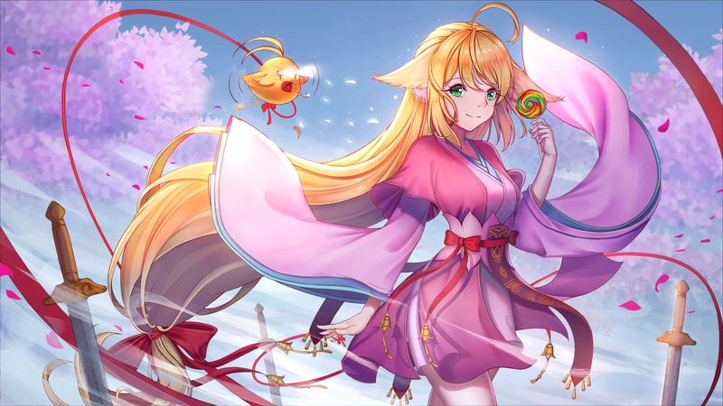 kitsune, japanese, manga, kimono, susu, japan, girl, fox, katana, anime, long hair